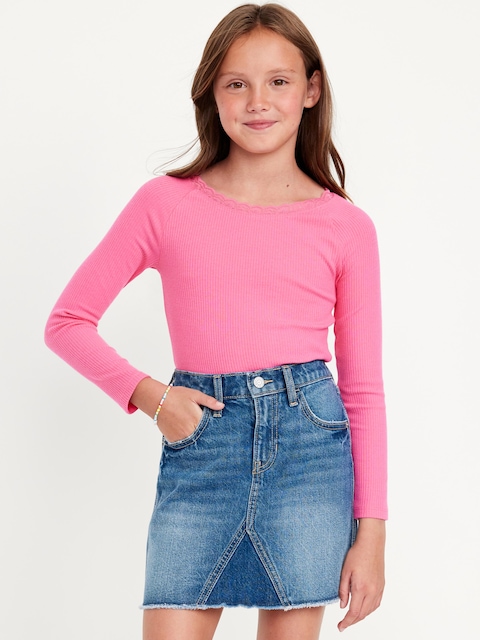 Long-Sleeve Ribbed Lace-Trim Top for Girls
