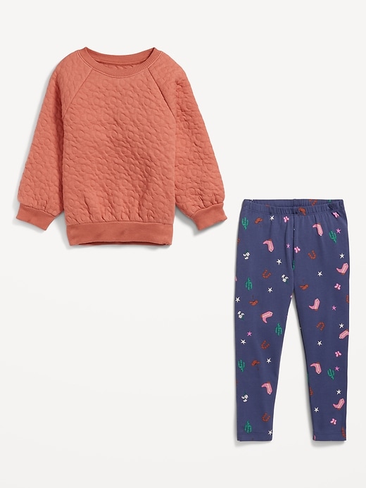 Voir une image plus grande du produit 2 de 2. Ensemble chandail ras du cou en coton ouaté et legging matelassés pour toute-petite fille