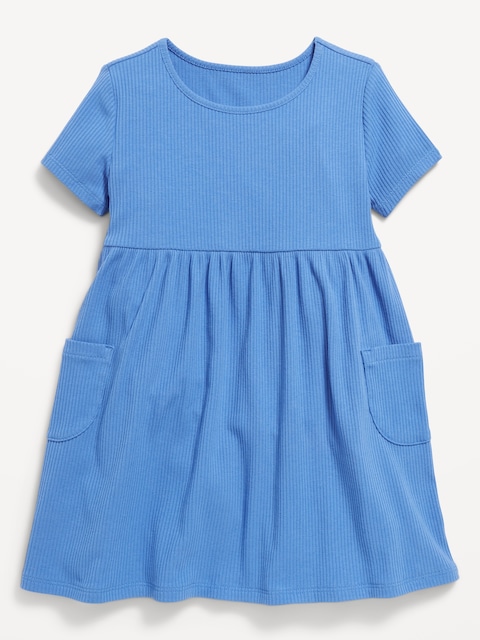 Short-Sleeve Ribbed Fit and Flare Pocket Dress for Toddler Girls - Cornflower Blue