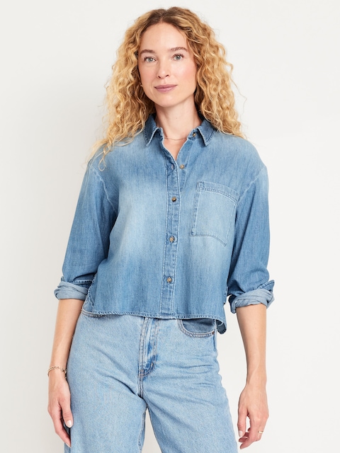 Cropped Jean Button-Down Shirt