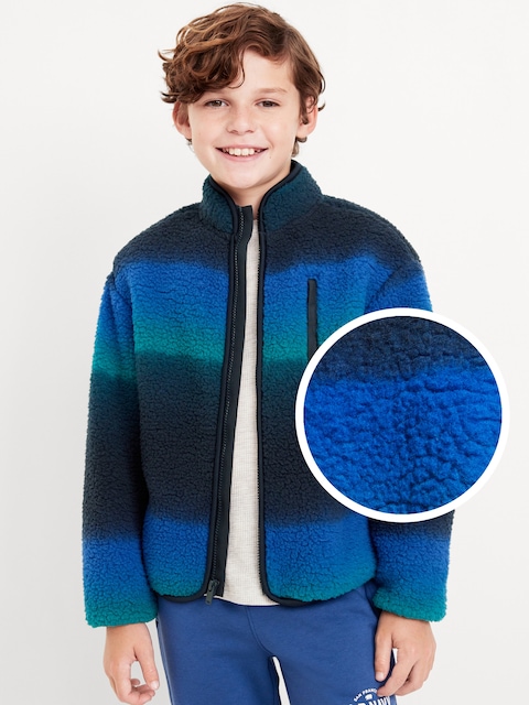 Printed Full-Zip Sherpa Jacket for Boys - Navy Tonal Tie
