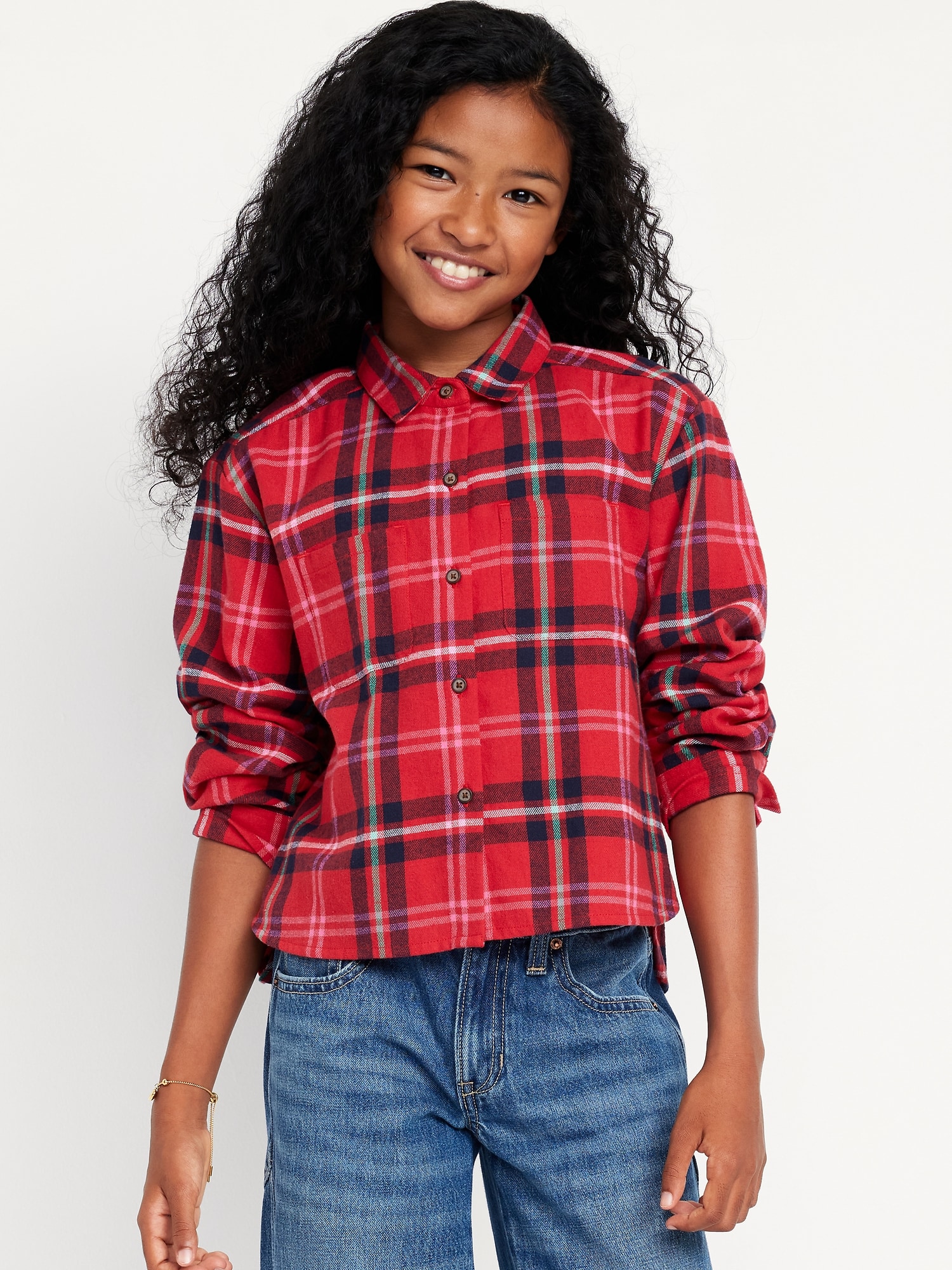 Cropped Long-Sleeve Plaid Pocket Flannel Shirt for Girls