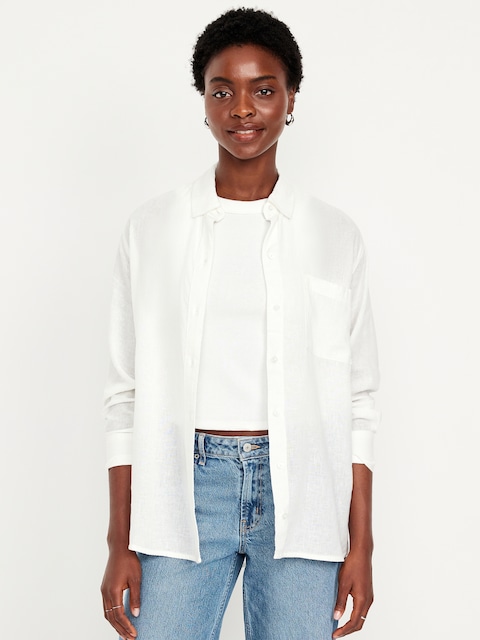 Linen-Blend Loose Button-Down Shirt