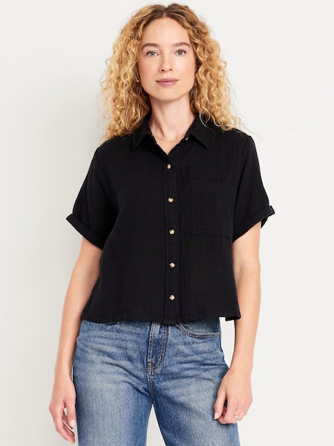 Crinkle Gauze Loose Button-Down Shirt