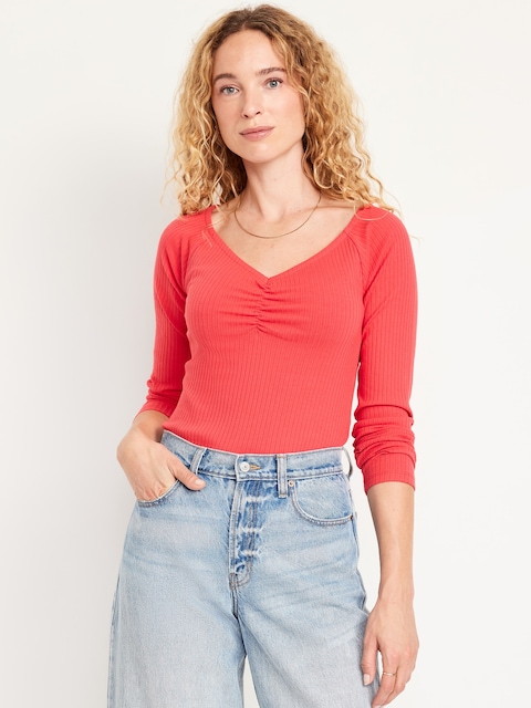 Cinched Rib-Knit Top - Pink