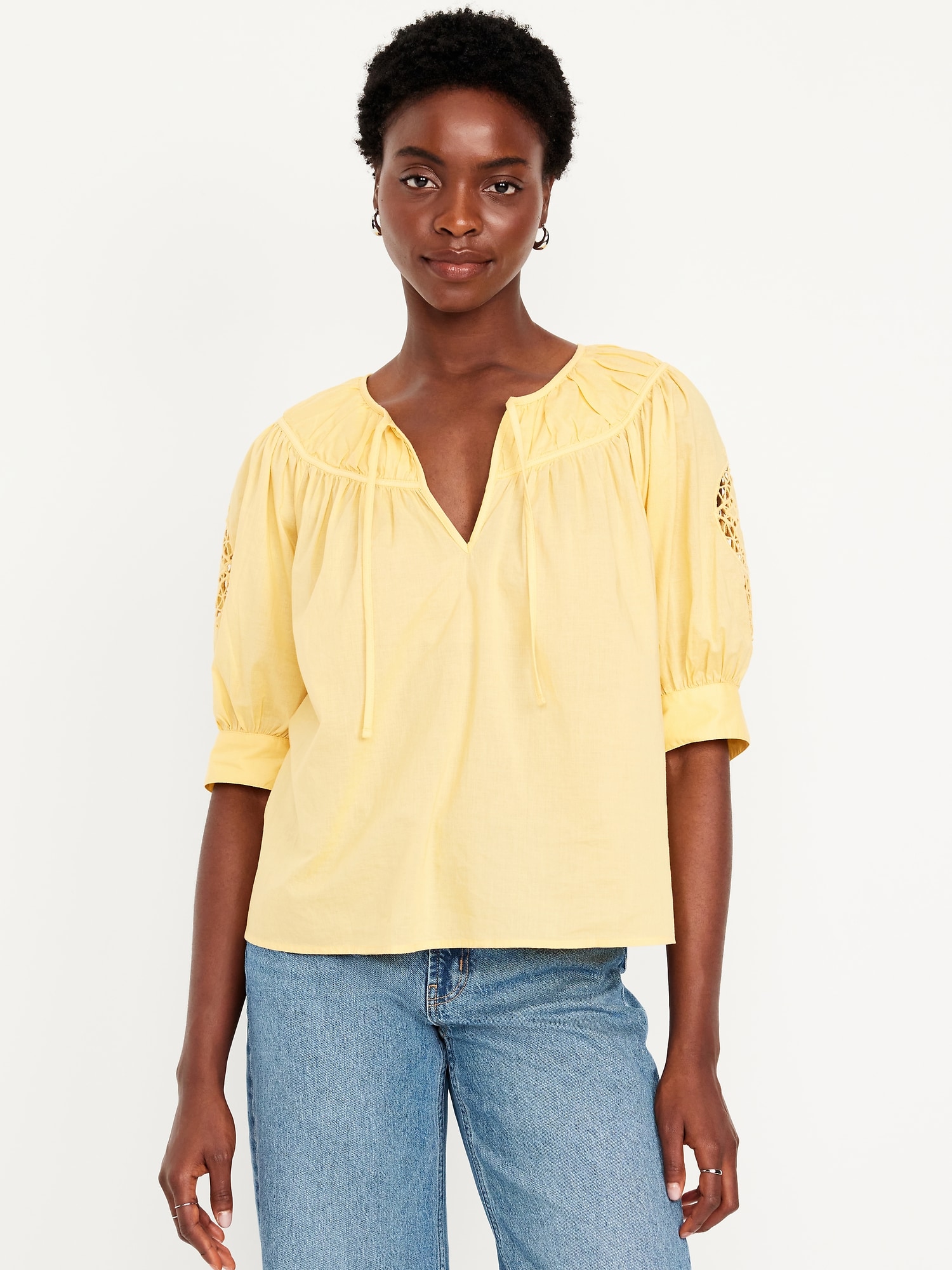 Split-Neck Eyelet-Sleeve Top