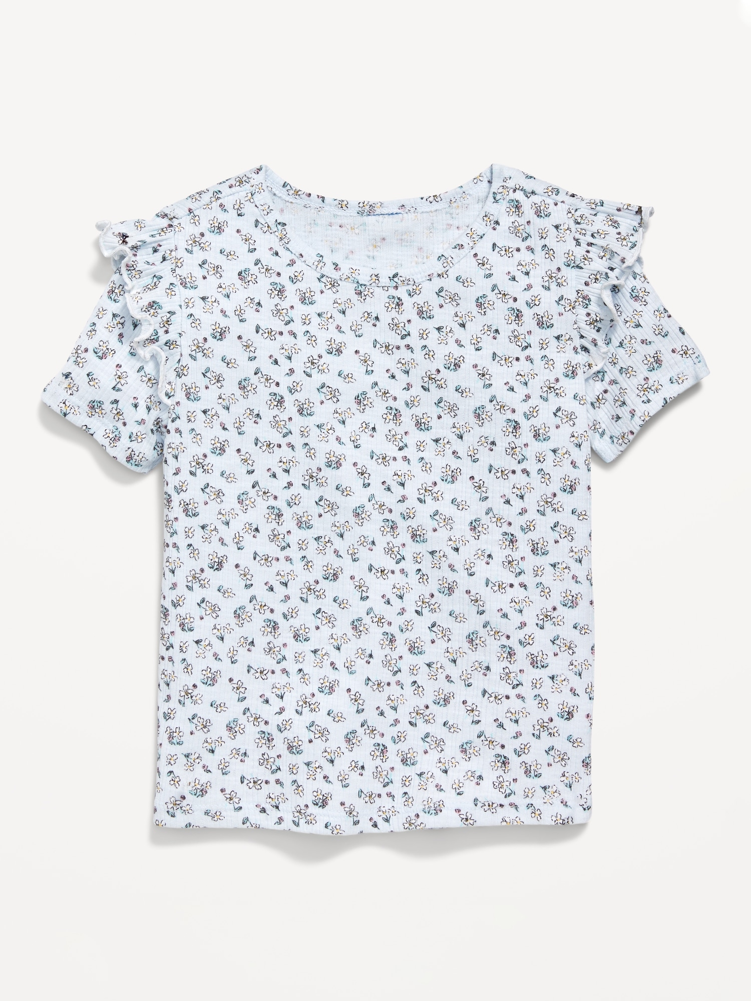 Fitted Printed Ruffle-Trim Rib-Knit Top for Toddler Girls