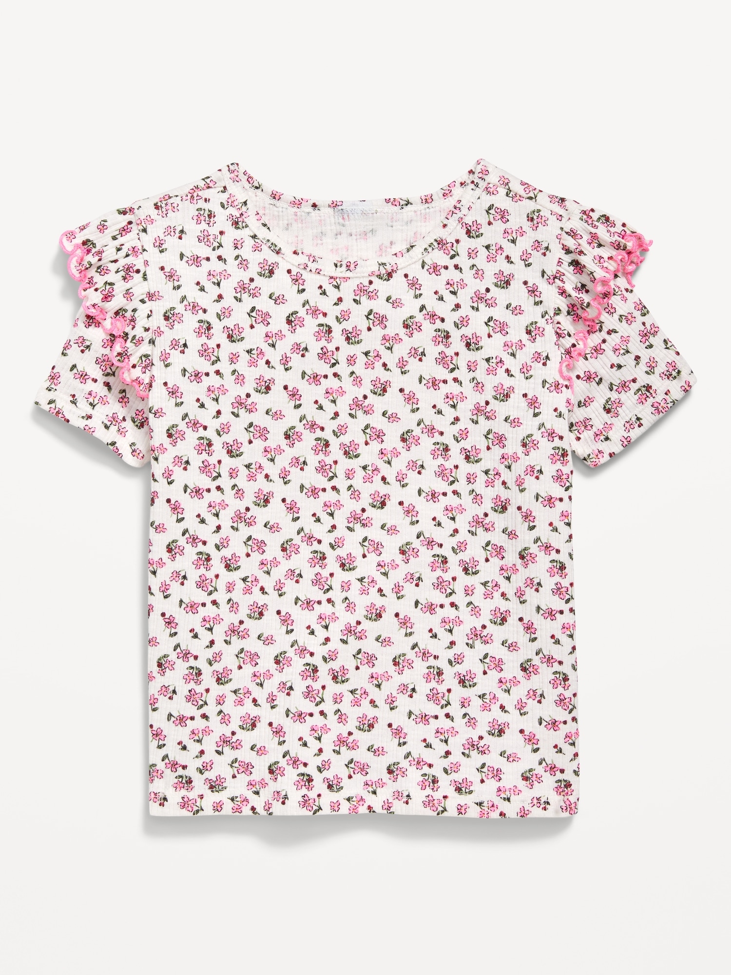 Fitted Printed Ruffle-Trim Rib-Knit Top for Toddler Girls