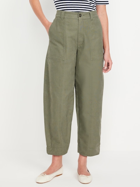 High-Waisted Canvas Barrel Ankle Pants
