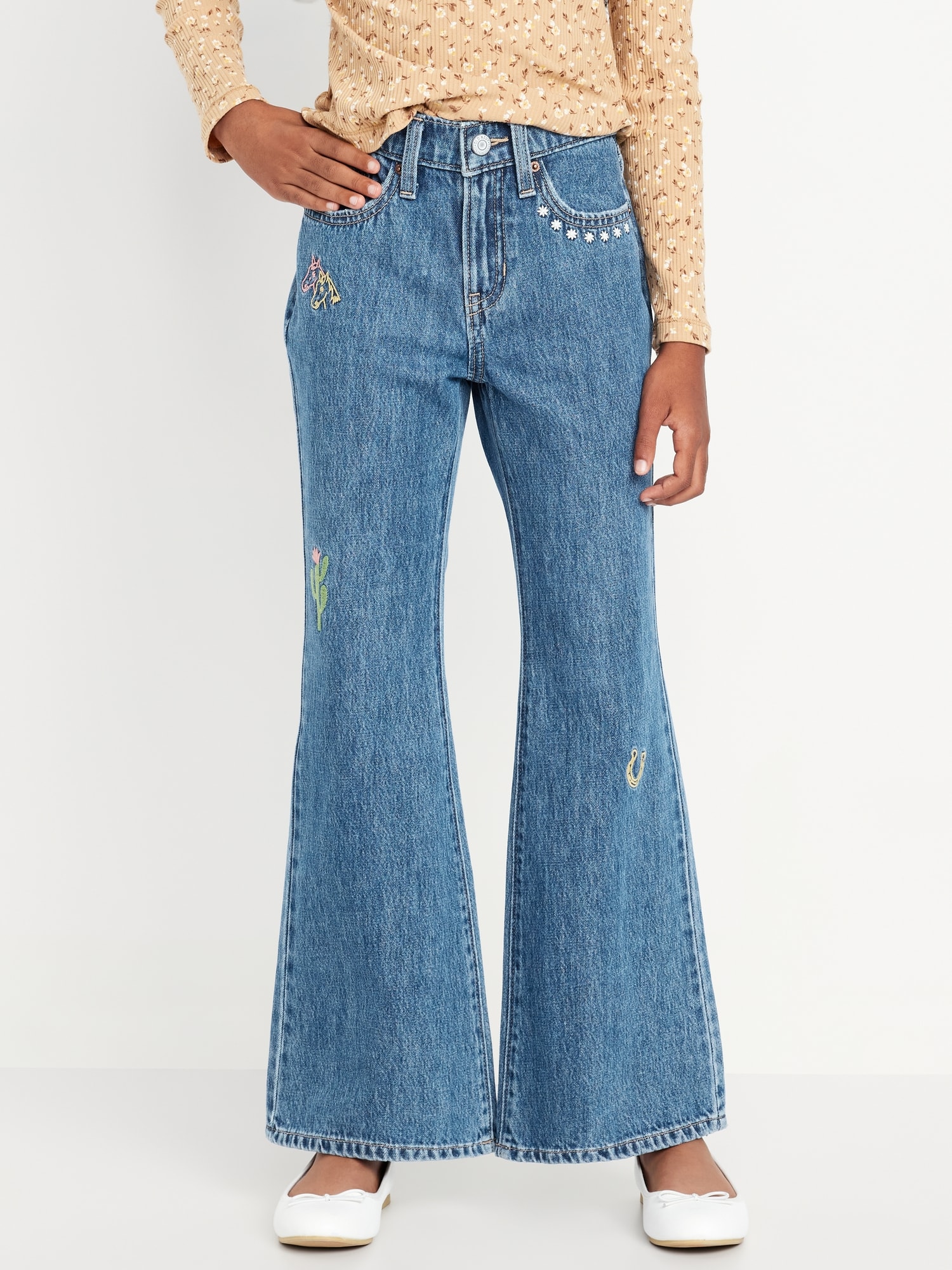 High-Waisted Super Baggy Embroidered Flare-Leg Jeans for Girls