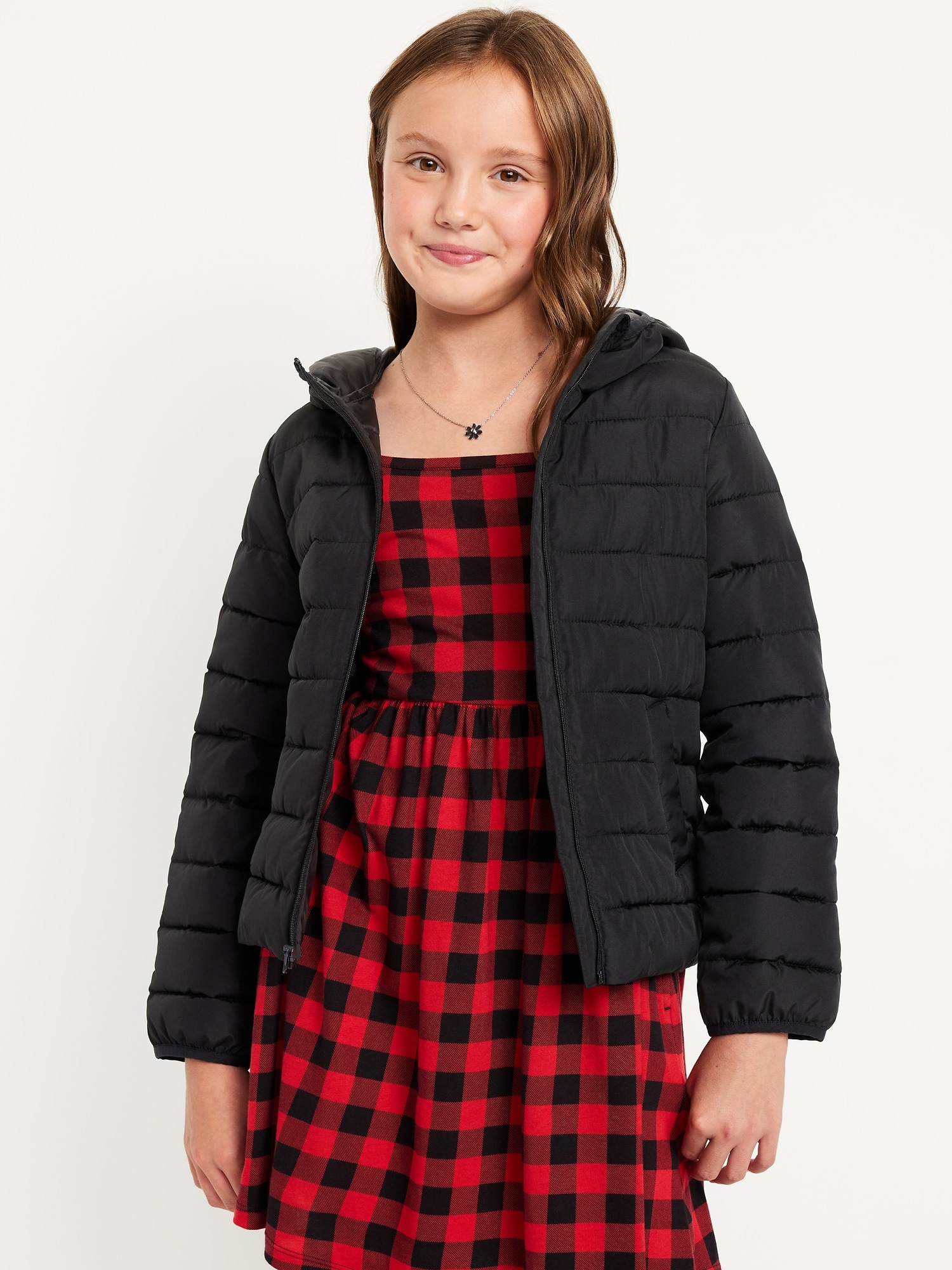 Water-Resistant Narrow-Channel Puffer Jacket for Girls - Black