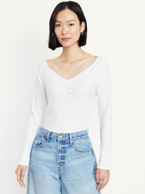 Cinched Rib-Knit Top - White