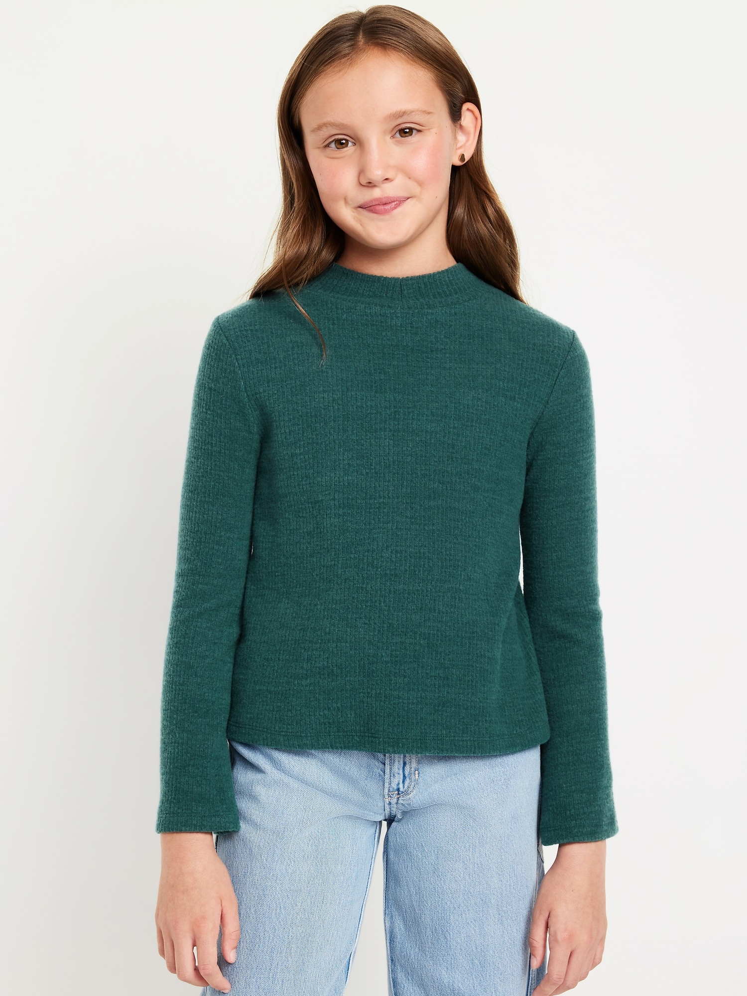 Cozy Mock-Neck Bell-Sleeve Ribbed Top for Girls