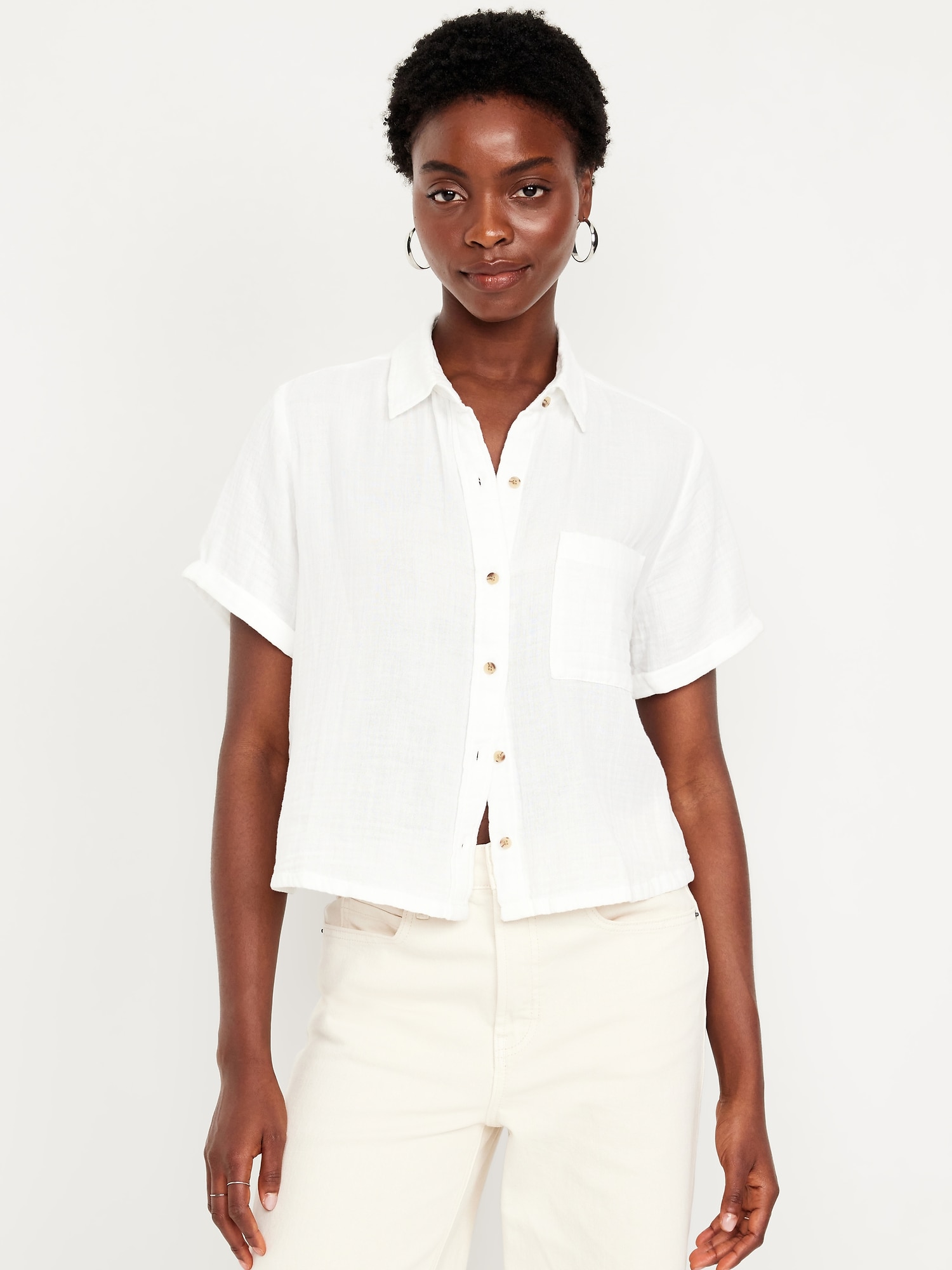 Crinkle Gauze Loose Button-Down Shirt