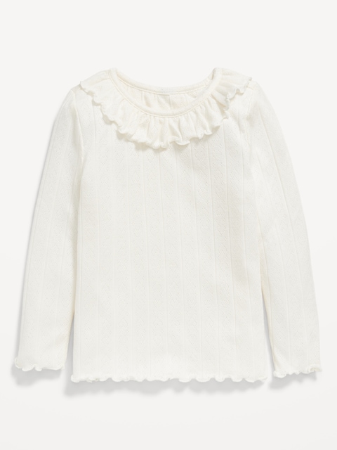 Long-Sleeve Ruffle-Trim Pointelle-Knit Top for Toddler Girls