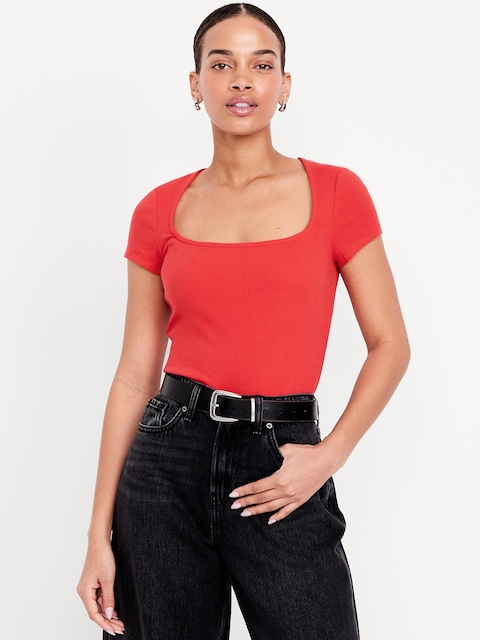 Ribbed Square-Neck T-Shirt - Pink