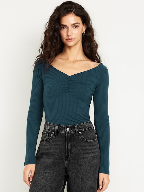 Cinched Rib-Knit Top - Green