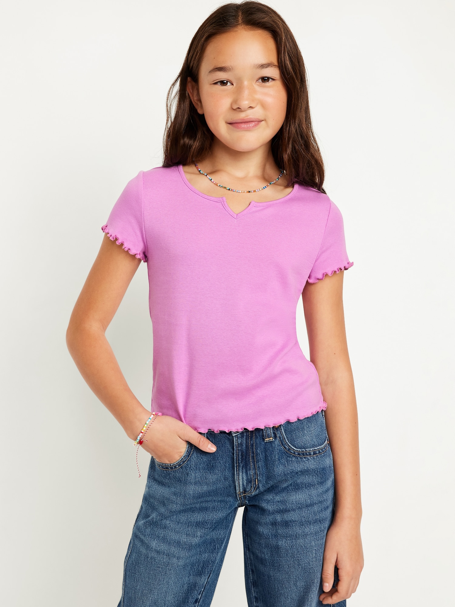 Short-Sleeve Lettuce-Edge T-Shirt for Girls