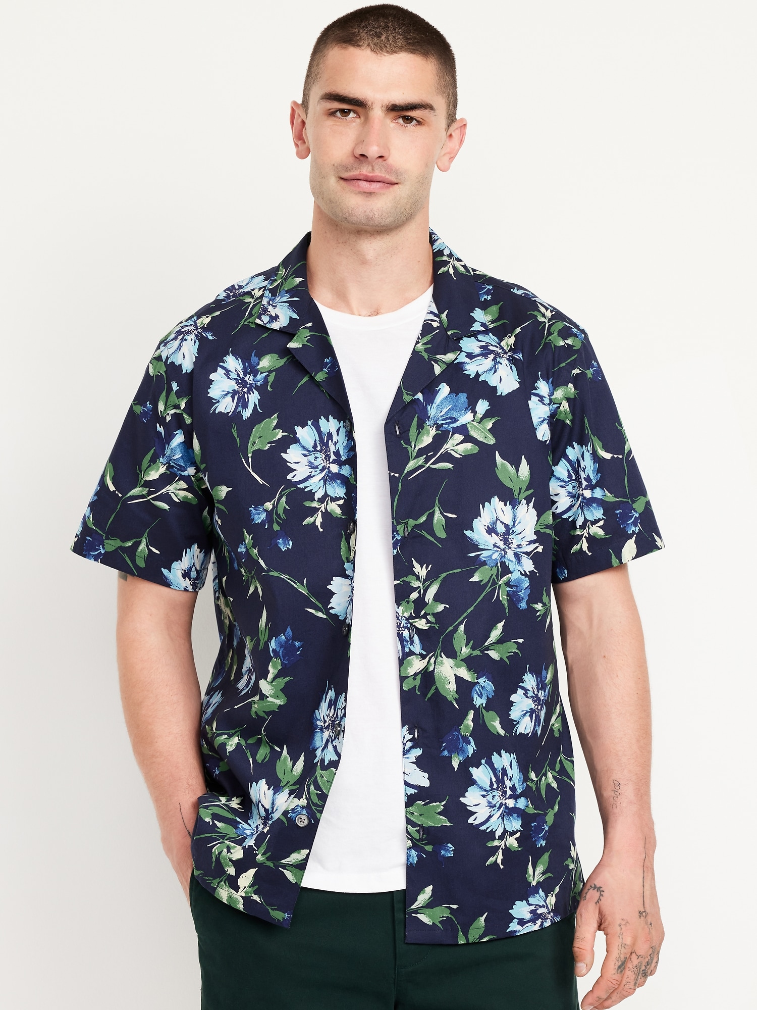 Short-Sleeve Floral Camp Shirt - Blue