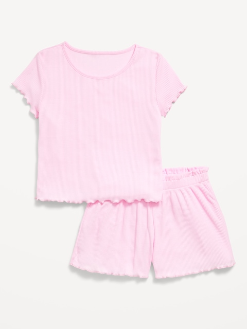 Ribbed Lettuce-Edge Pajama Top and Shorts Set for Girls