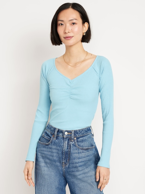Cinched Rib-Knit Top - Blue