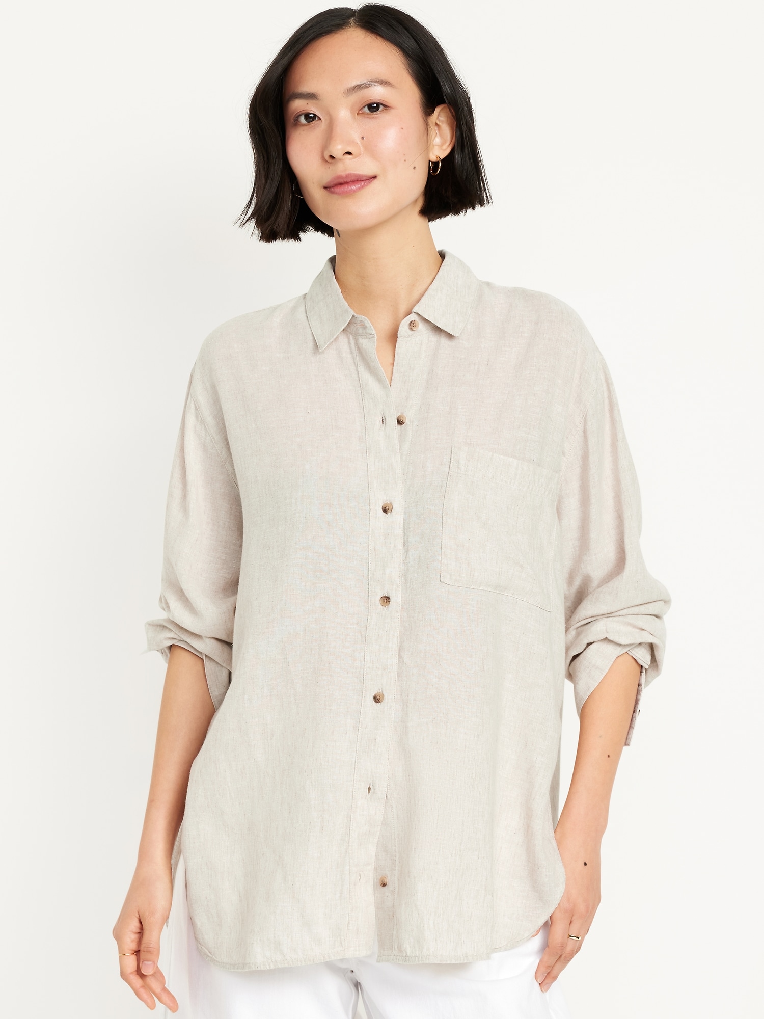 Linen-Blend Loose Button-Down Shirt