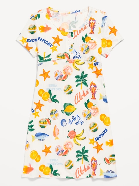 Printed Short-Sleeve Ribbed Henley Dress for Girls
