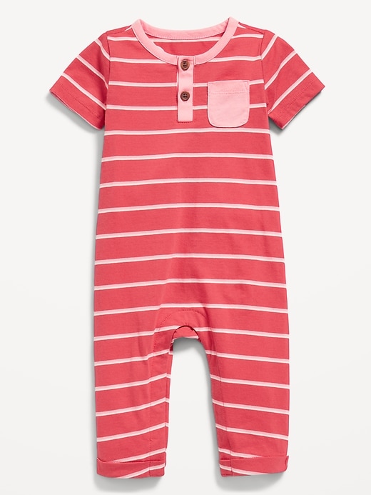 View large product image 1 of 2. Short-Sleeve Jersey-Knit Henley One-Piece for Baby