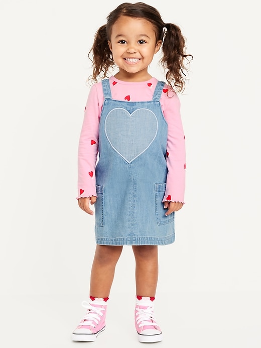 Voir une image plus grande du produit 1 de 3. Ensemble de robe en denim et t-shirt à manches longues et à motif pour toute-petite fille