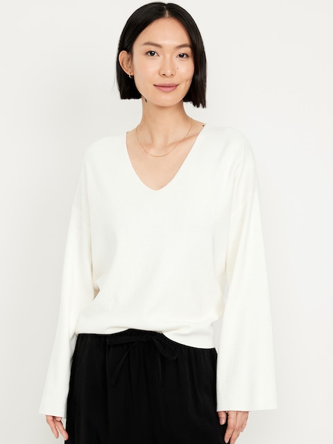 Bell-Sleeve V-Neck Sweater - White
