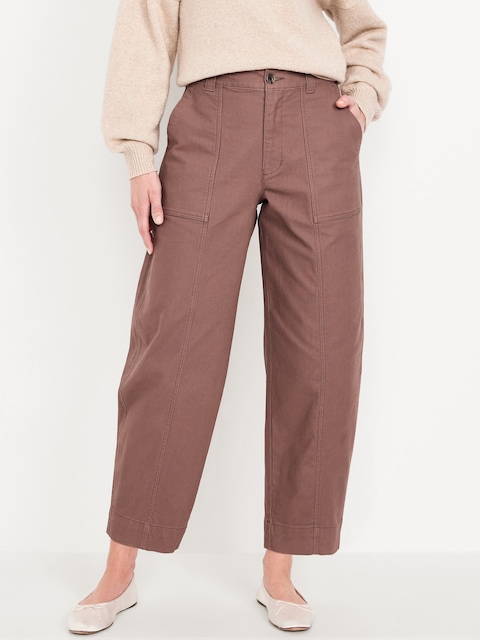 Pantalon coupe baril en toile longueur cheville à taille haute