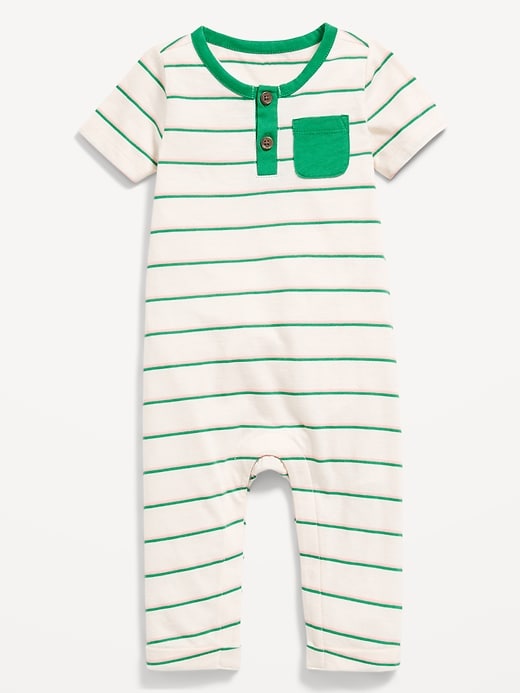 View large product image 1 of 1. Short-Sleeve Jersey-Knit Henley One-Piece for Baby