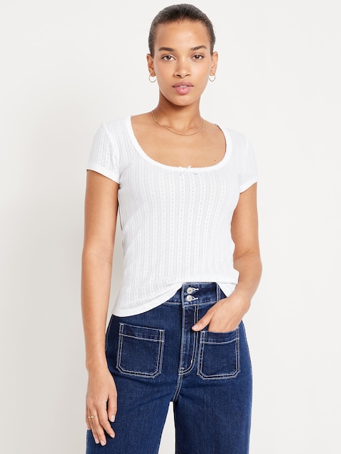 Lace-Trim Ribbed Pointelle T-Shirt