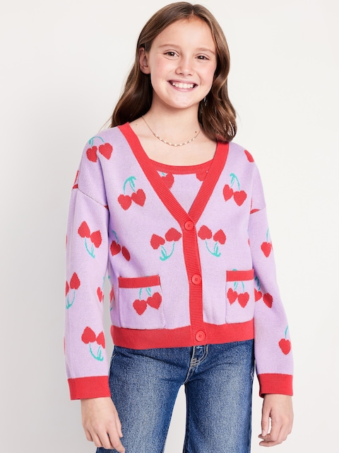 Printed Button-Front Cardigan Sweater for Girls - Lavender Haven