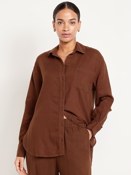 Image number 1 showing, Linen-Blend Loose Button-Down Shirt