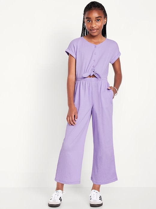 View large product image 1 of 3. Short-Sleeve Button-Front Tie-Knot Jumpsuit for Girls