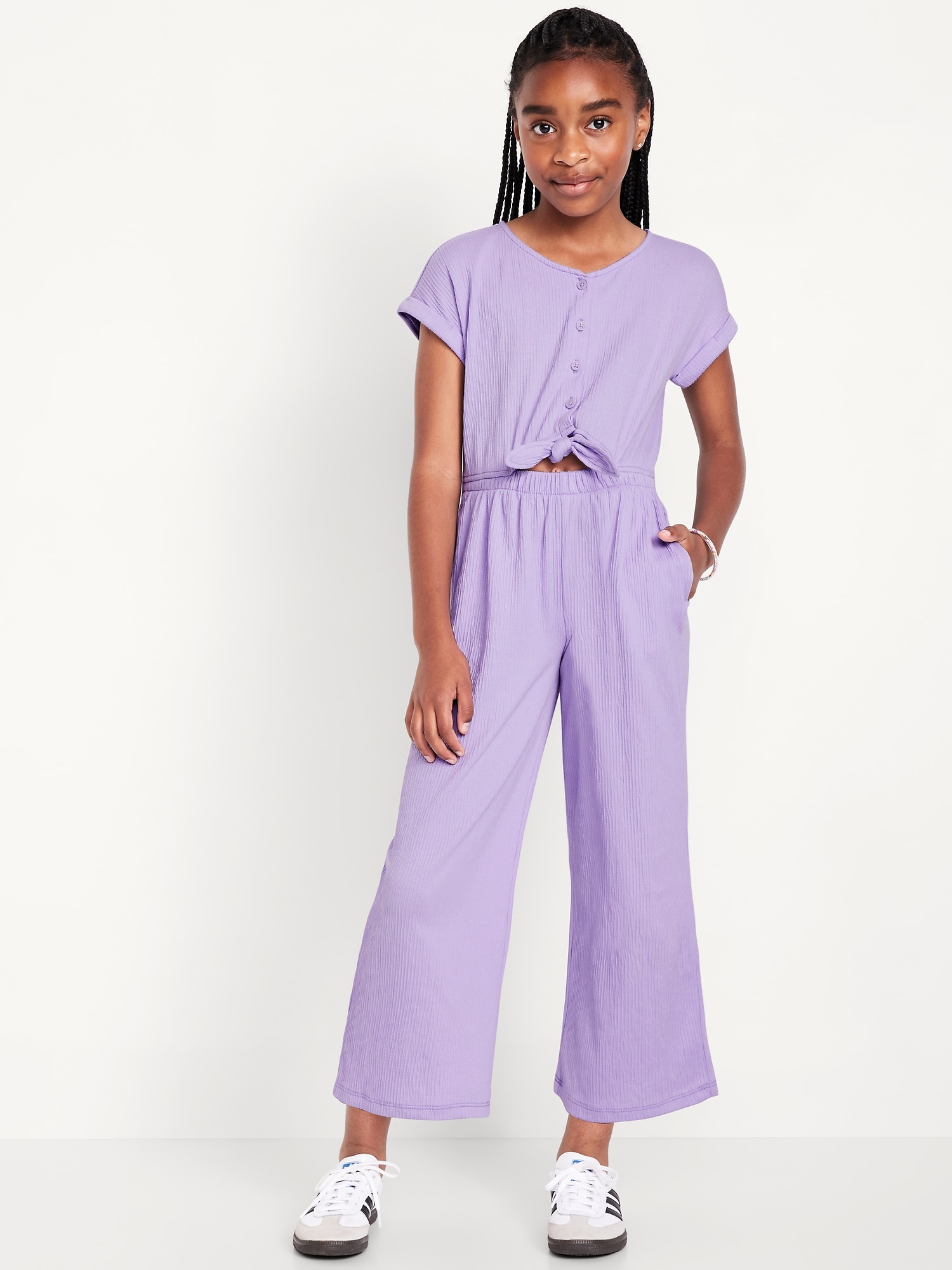 Short-Sleeve Button-Front Tie-Knot Jumpsuit for Girls