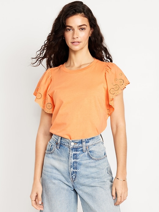 Image number 1 showing, Cutwork-Sleeve Mixed Fabric Top