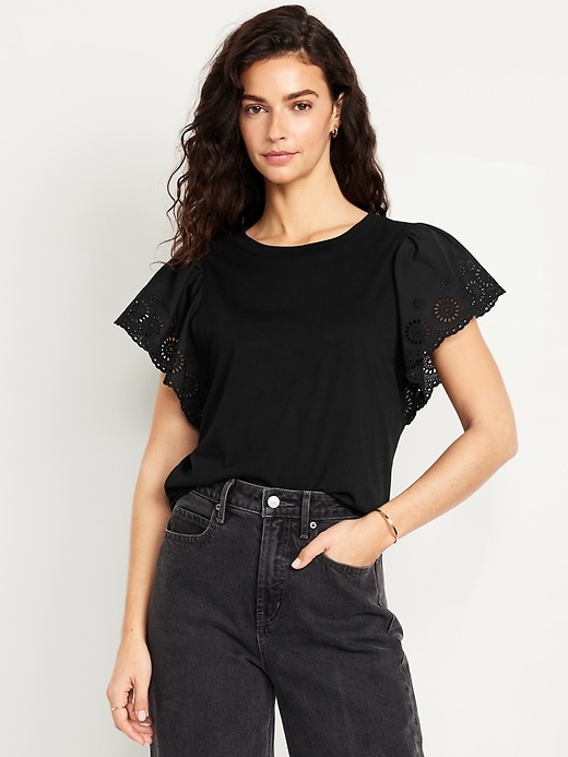 Image number 1 showing, Cutwork-Sleeve Mixed Fabric Top