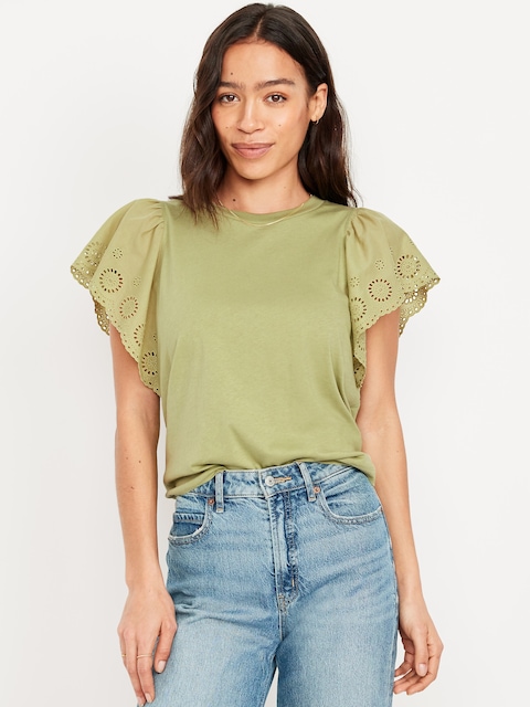 Cutwork-Sleeve Mixed Fabric Top