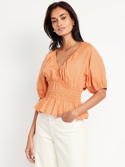 Smocked V-Neck Peplum Top