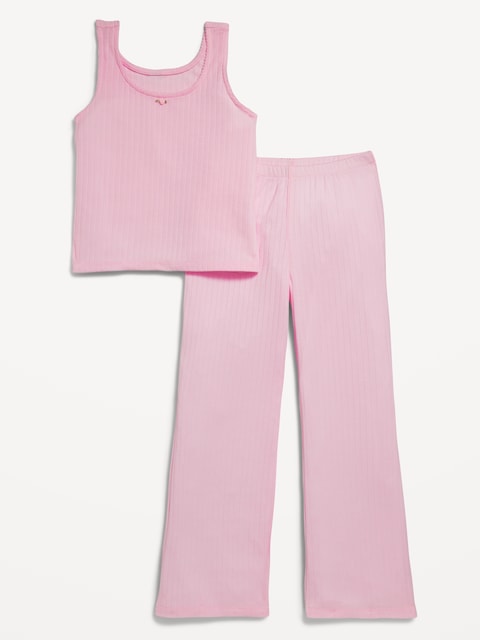 Sleeveless Ribbed Pajama Top and Flare-Leg Pants Set for Girls