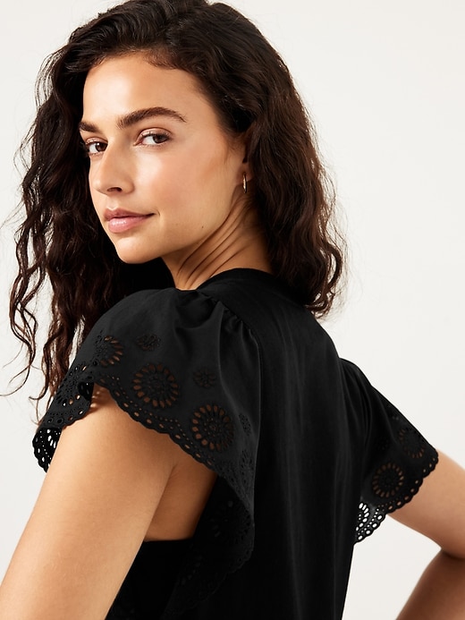 Image number 3 showing, Cutwork-Sleeve Mixed Fabric Top