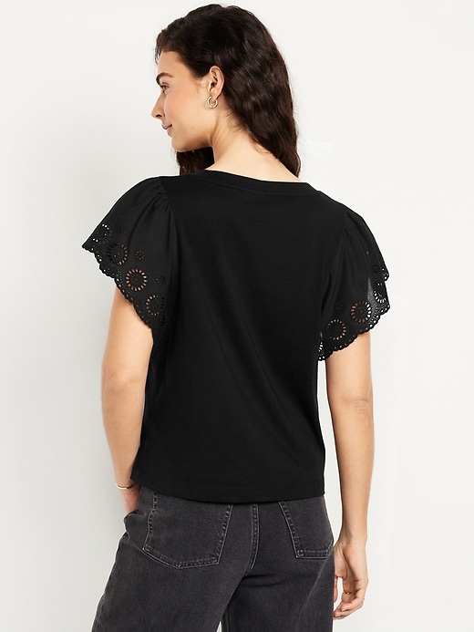 Image number 2 showing, Cutwork-Sleeve Mixed Fabric Top