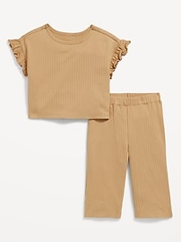 View large product image 3 of 3. Ribbed Ruffle-Trim Top and Wide-Leg Pants Set for Toddler Girls