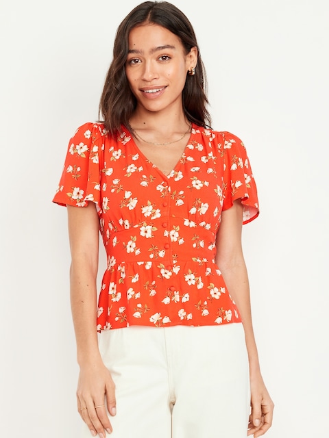 V-Neck Button-Down Crepe Top