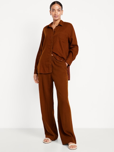 Pantalon à jambe large en mélange de lin taille haute