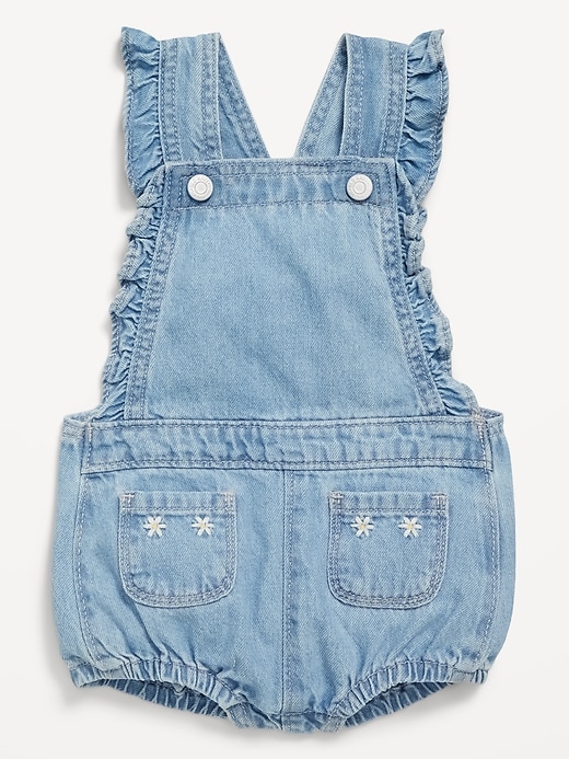 View large product image 2 of 2. Ruffle-Trim Jean Pocket Shortalls for Baby