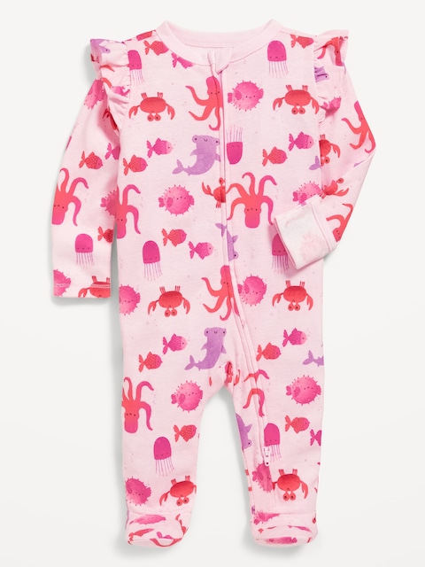 2-Way-Zip Sleep & Play Ruffle-Trim Footed One-Piece for Baby