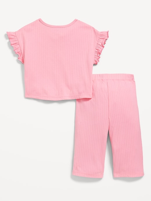 View large product image 2 of 2. Ribbed Ruffle-Trim Top and Wide-Leg Pants Set for Toddler Girls